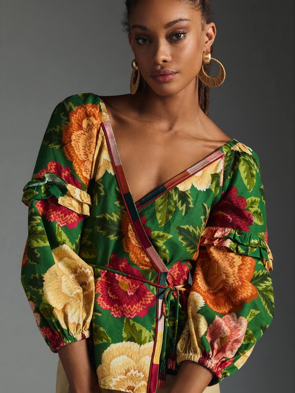 Farm Rio x Anthropologie Floral Puff-Sleeve Wrap Top- Sz XXS